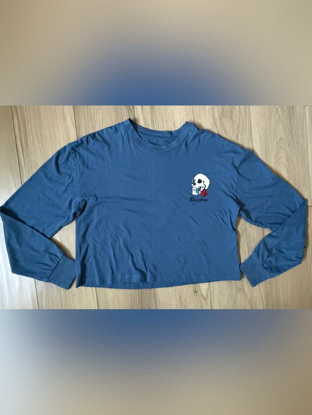 Brixton Long Sleeve Crop Skull Rose T-Shirt Blue Sz XS